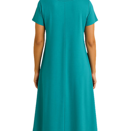 Women's Knit Wide Scoop Neck Short Sleeve Dress in A-line Aymmetrical Hem