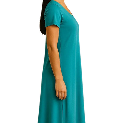 Women's Knit Wide Scoop Neck Short Sleeve Dress in A-line Aymmetrical Hem