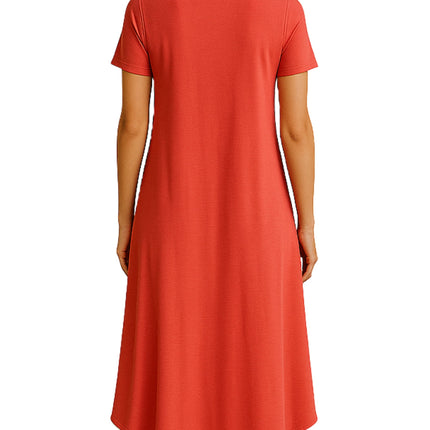 Women's Knit Wide Scoop Neck Short Sleeve Dress in A-line Aymmetrical Hem
