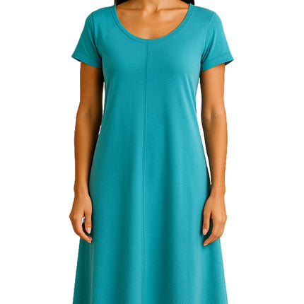 Women's Knit Wide Scoop Neck Short Sleeve Dress in A-line Aymmetrical Hem