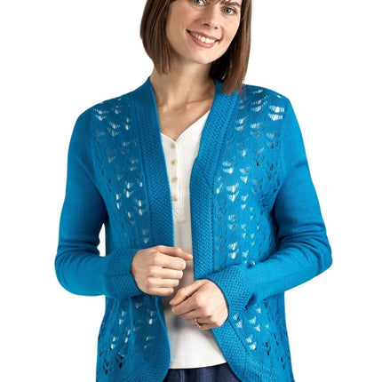Women's Open Front Curved Hem Pointelle Shrug in Soft Acrylic