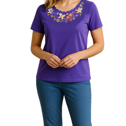 Women's Scalloped Neckline Embellished Tee