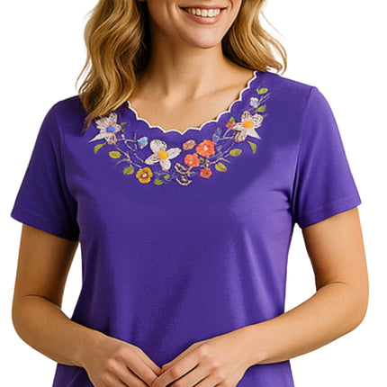 Women's Scalloped Neckline Embellished Tee