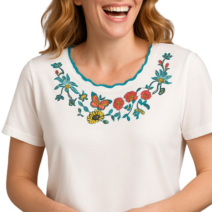 Women's Scalloped Neckline Embellished Tee