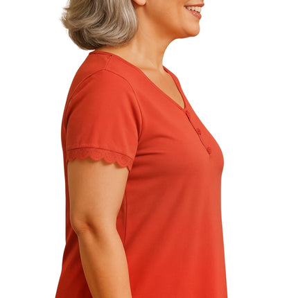 Women's V-neck Short Sleeve Tshirt with A Three Button Placket