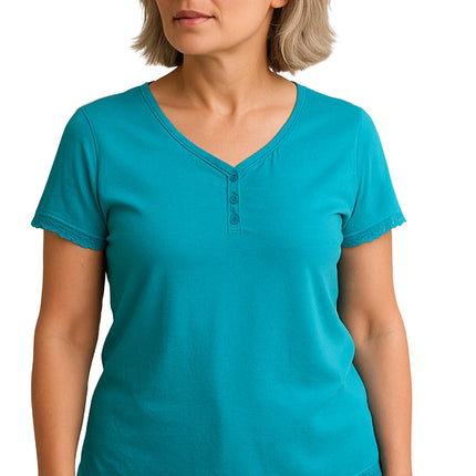 Women's V-neck Short Sleeve Tshirt with A Three Button Placket