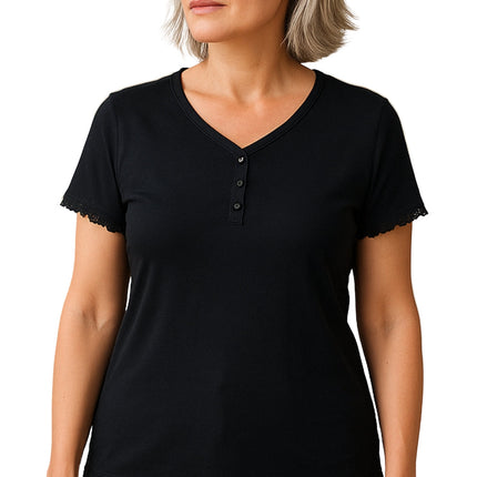 Women's V-neck Short Sleeve Tshirt with A Three Button Placket
