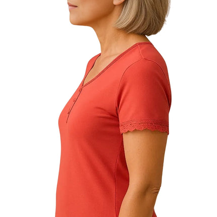 Women's V-neck Short Sleeve Tshirt with A Three Button Placket