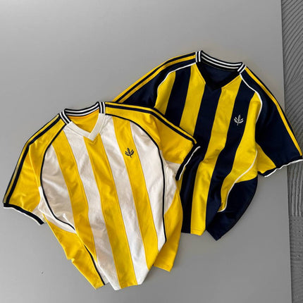 Yellow Black Striped Cotton T-Shirt / Jersey Style Sporty Tee