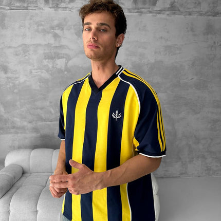 Yellow Black Striped Cotton T-Shirt / Jersey Style Sporty Tee