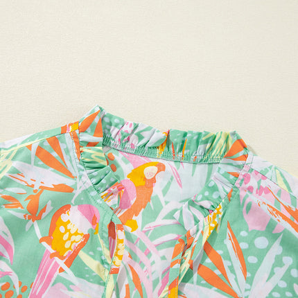 Luxury Abstract Floral Ruffle Trim Flutter Sleeve Buttoned Dress