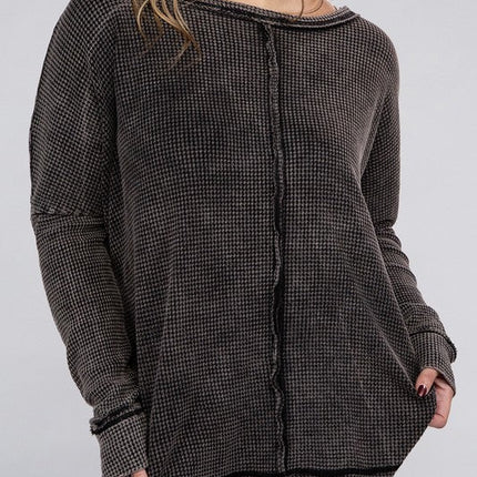 Plus Washed Baby Waffle Oversized Long Sleeve Top