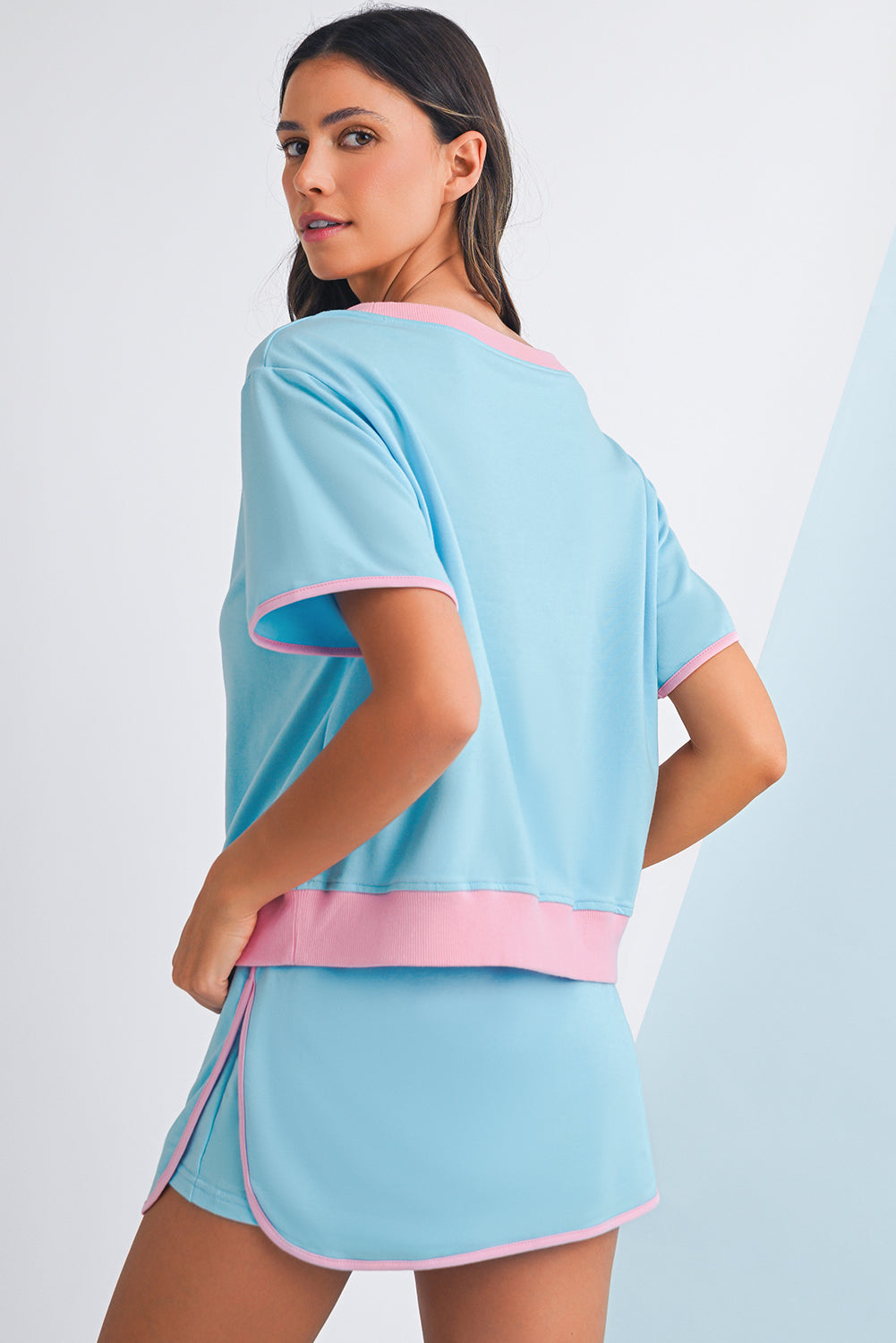 Luxury Colorblock Edge Drop Shoulder T Shirt and Skort Set