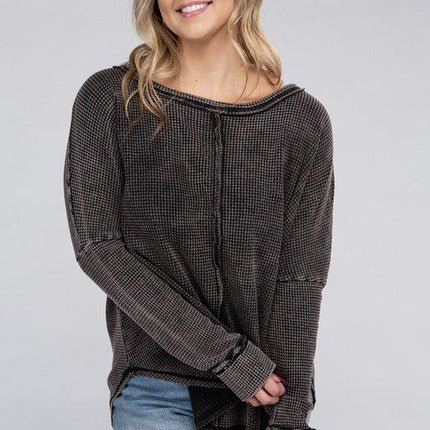 Plus Washed Baby Waffle Oversized Long Sleeve Top