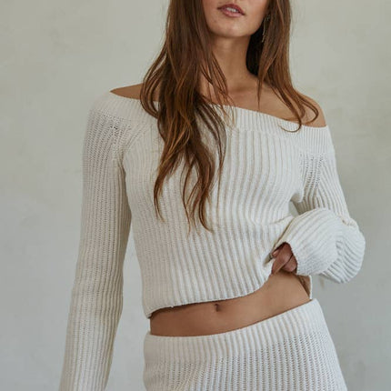 Knit Ribbed Sweater Boat Neck Crop Top