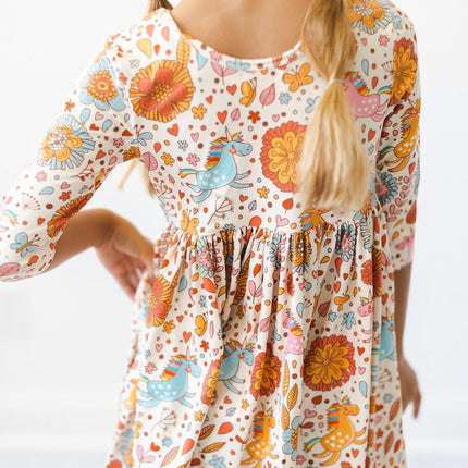 Retro Unicorns 3/4 Sleeve Pocket Twirl Dress