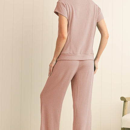 Luxury Solid Corded Short Sleeve T Shirt And Wide Leg Pants Set