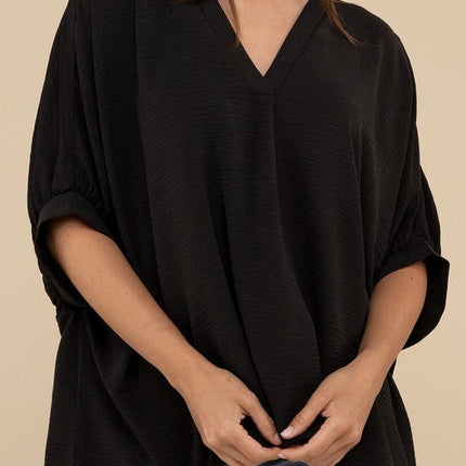 Woven Airflow V-Neck Puff Half Sleeve Top