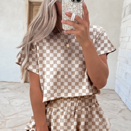 Luxury Checkerboard T Shirt and High Waist Skorts 2 Piece Outfit