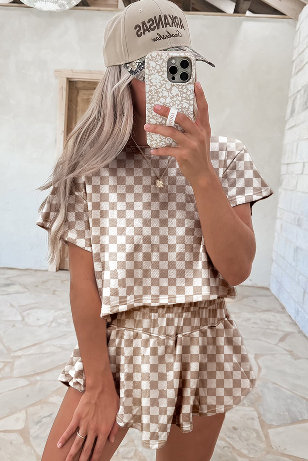 Luxury Checkerboard T Shirt and High Waist Skorts 2 Piece Outfit