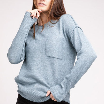 Melange Hi-Low Hem Round Neck Sweater