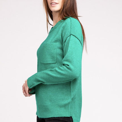 Melange Hi-Low Hem Round Neck Sweater