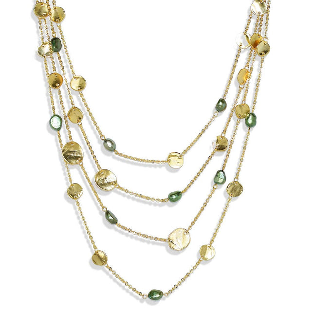 Coin and green pearl multi strand necklace