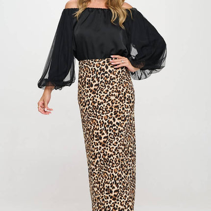 Leopard Print Maxi Skirt w Elastic Waist