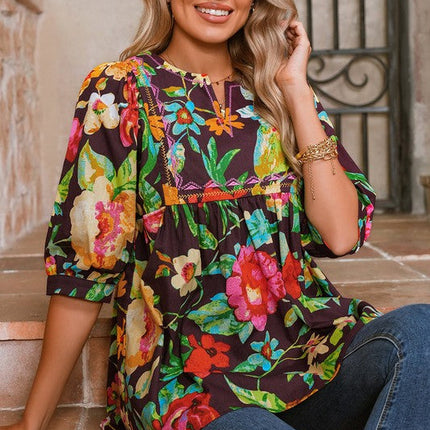 Gray Flower Embroidered Trim Half Sleeve Blouse