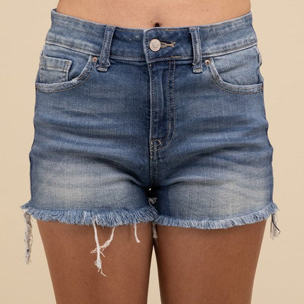 Mid Rise Raw Frayed Hem Denim Shorts