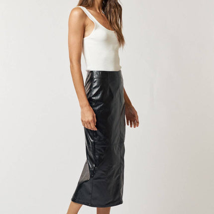 Black High Waist Leather Midi Skirt