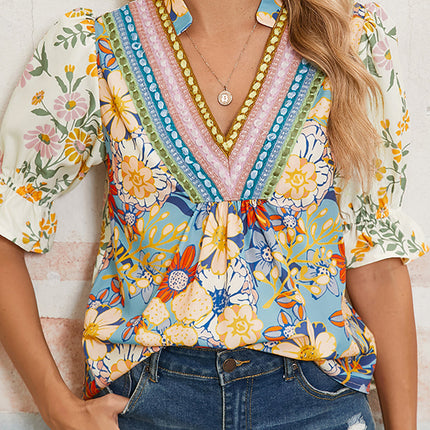 Luxury Multicolour Crochet V Neck Half Sleeve Boho Floral Blouse