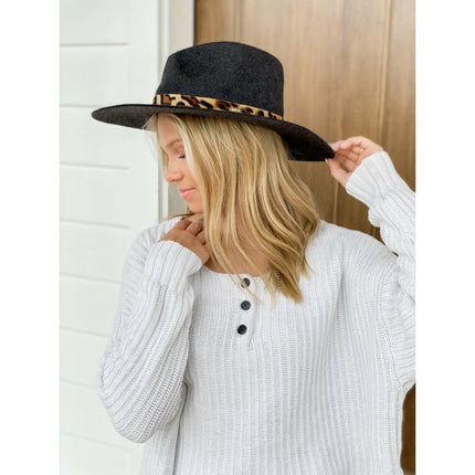 Leopard Trim Wool Felt Brim Hat