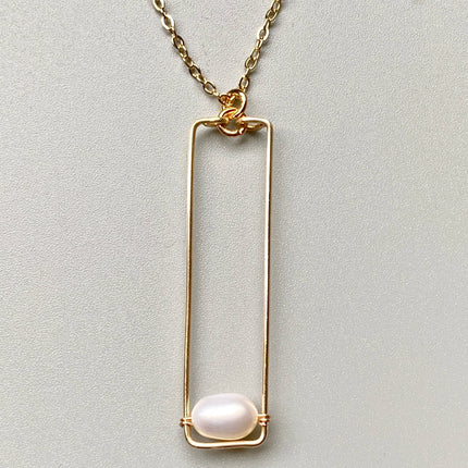 Pearl Necklace with Gold Rectangle Drop Pendant and Chain