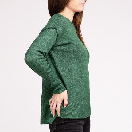Melange Hi-Low Hem Round Neck Sweater