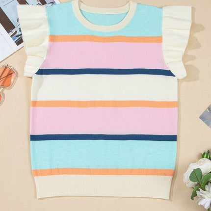 Multicolour Striped Colorblock Flutter Sleeve Knit