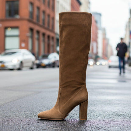 Suede Pleated High Heel Thick Heel Pointed Sleeve Boots