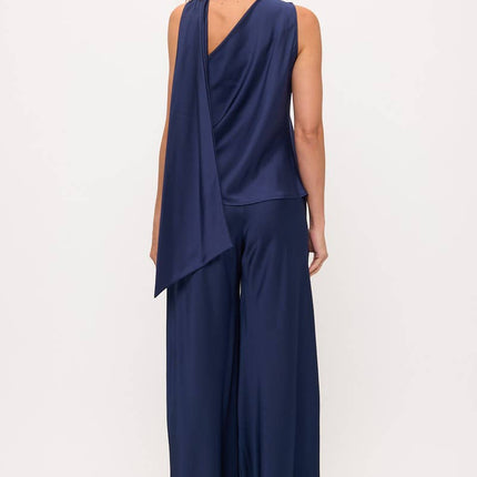 Navy Satin Top w Scarf Detail