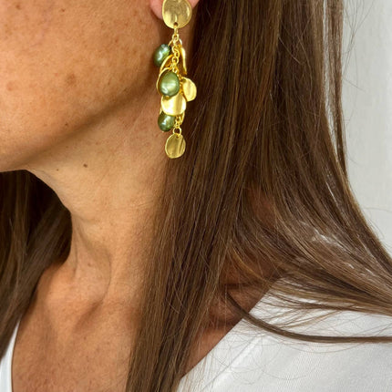 Coin and Green Pearl Chandelier Drop Earring