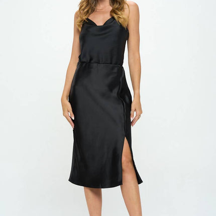 Black Satin Midi Skirt with Slit