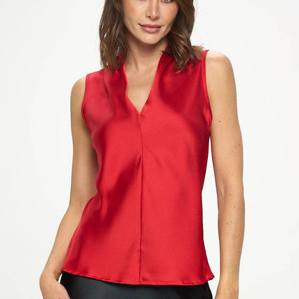 Red Silky Satin Vibrant V Neck Sleeveless Top