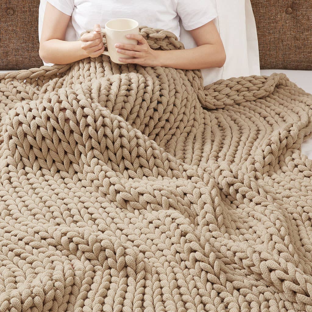 Sand Color Handmade Chunky Double Knit Throw