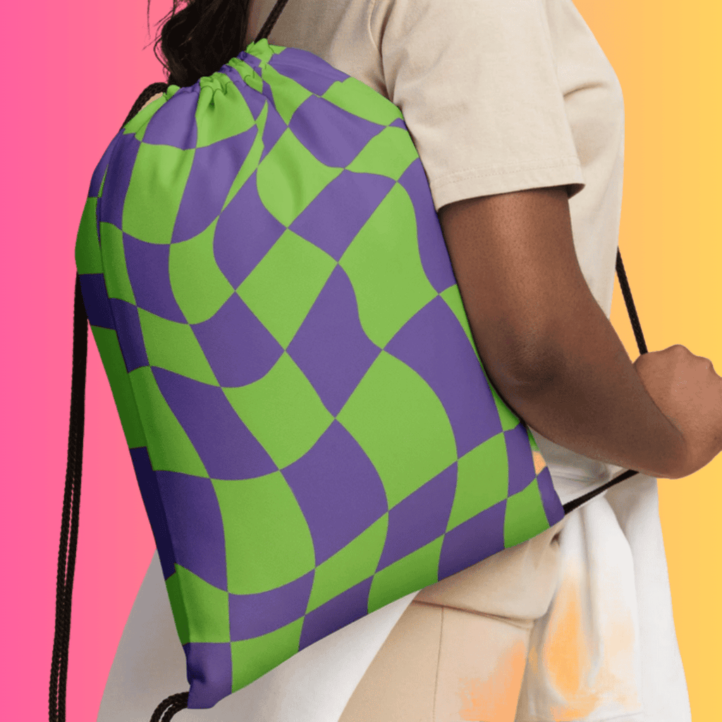 Vibrant Trippy Checkered Rave Drawstring Bag