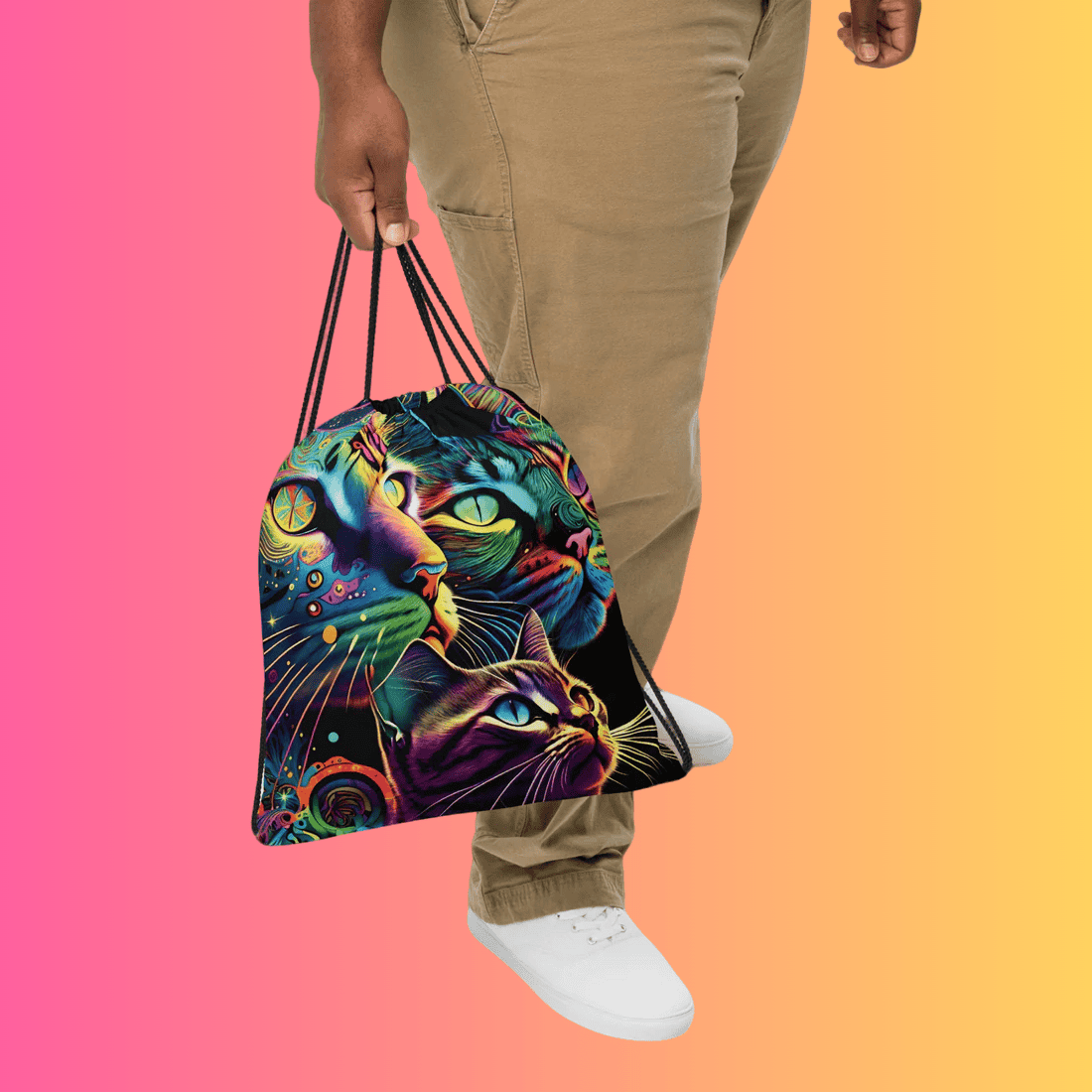 Neon Trippy Cat Drawstring Bag for Festivals