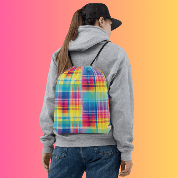 Vibrant Neon Plaid Drawstring Bag for Festivals