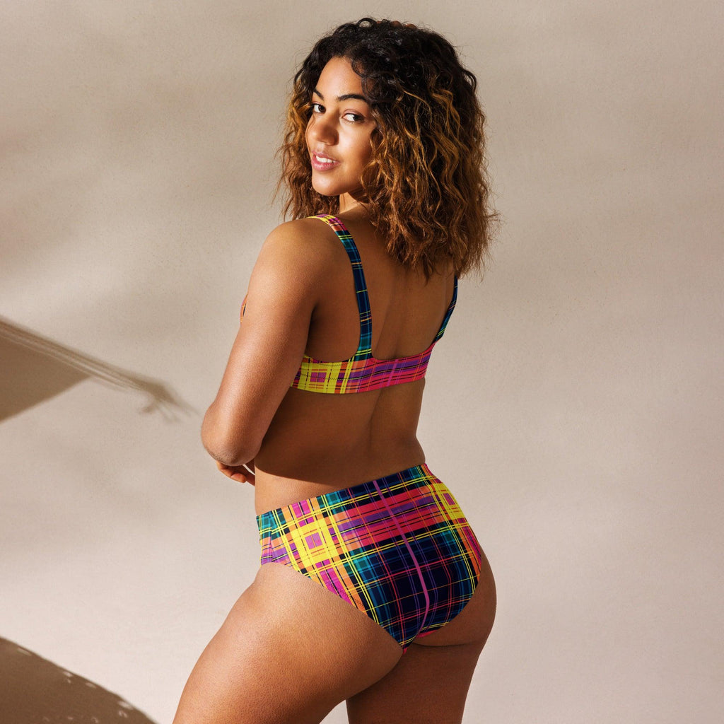 Neon Plaid High-Waisted Bikini for Festival Fun