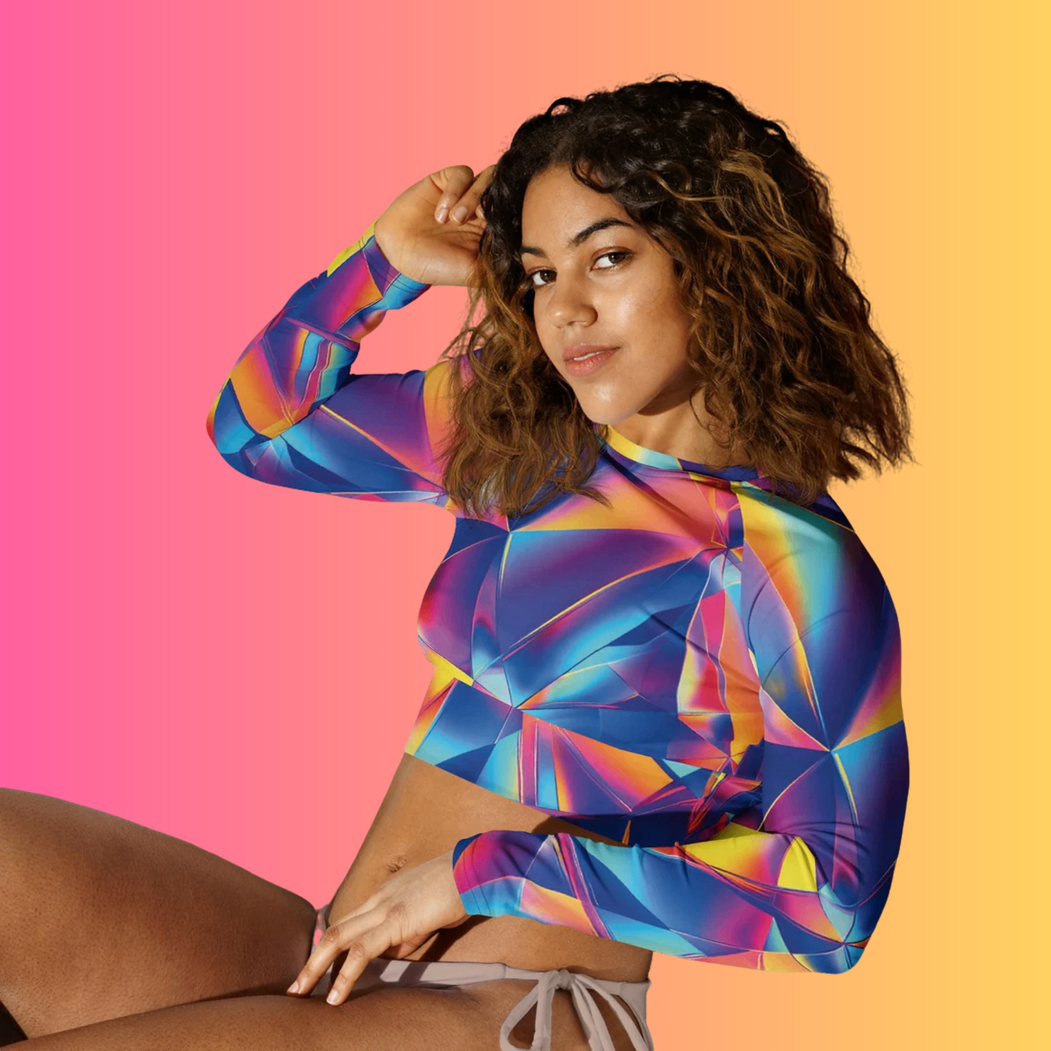 Abstract Geometrical Long-Sleeve Crop Top