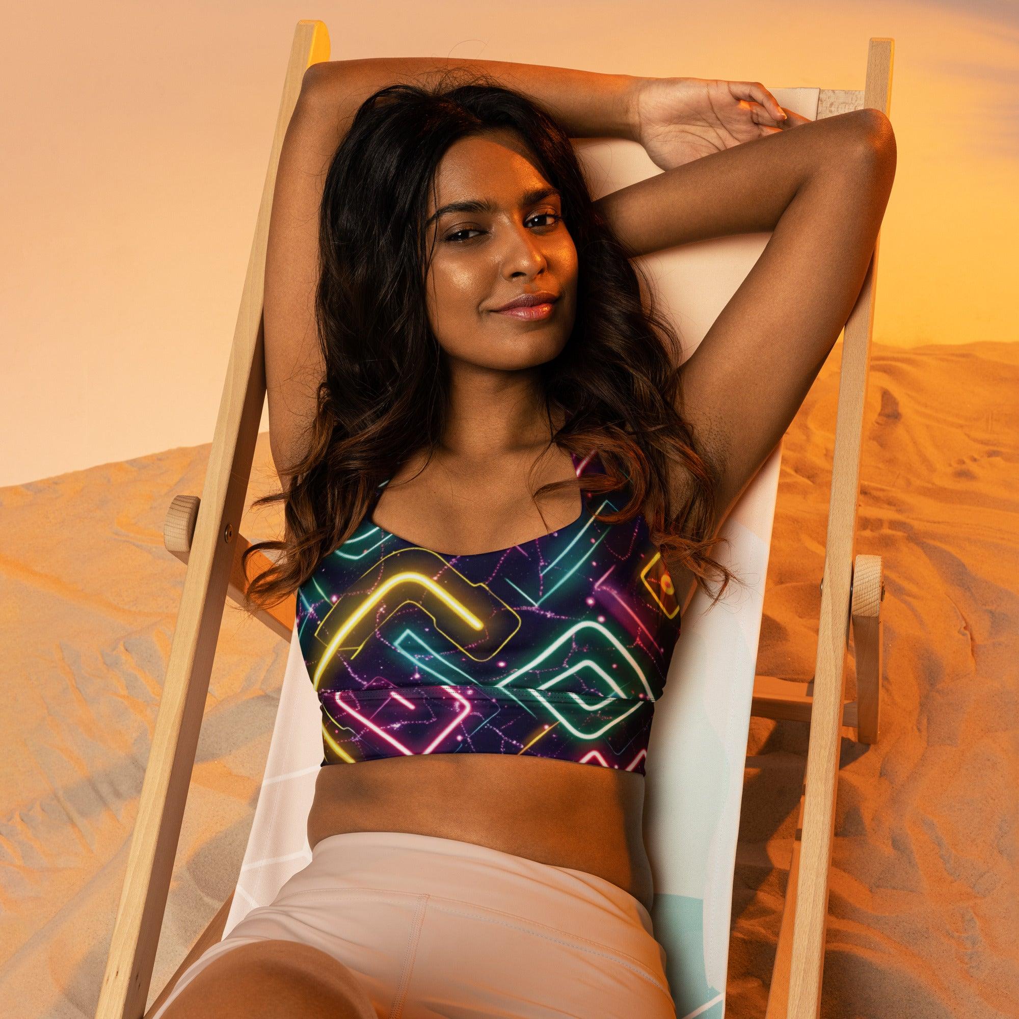 Neon Abstract Longline Sports Bra - Vibrant Festival Essential