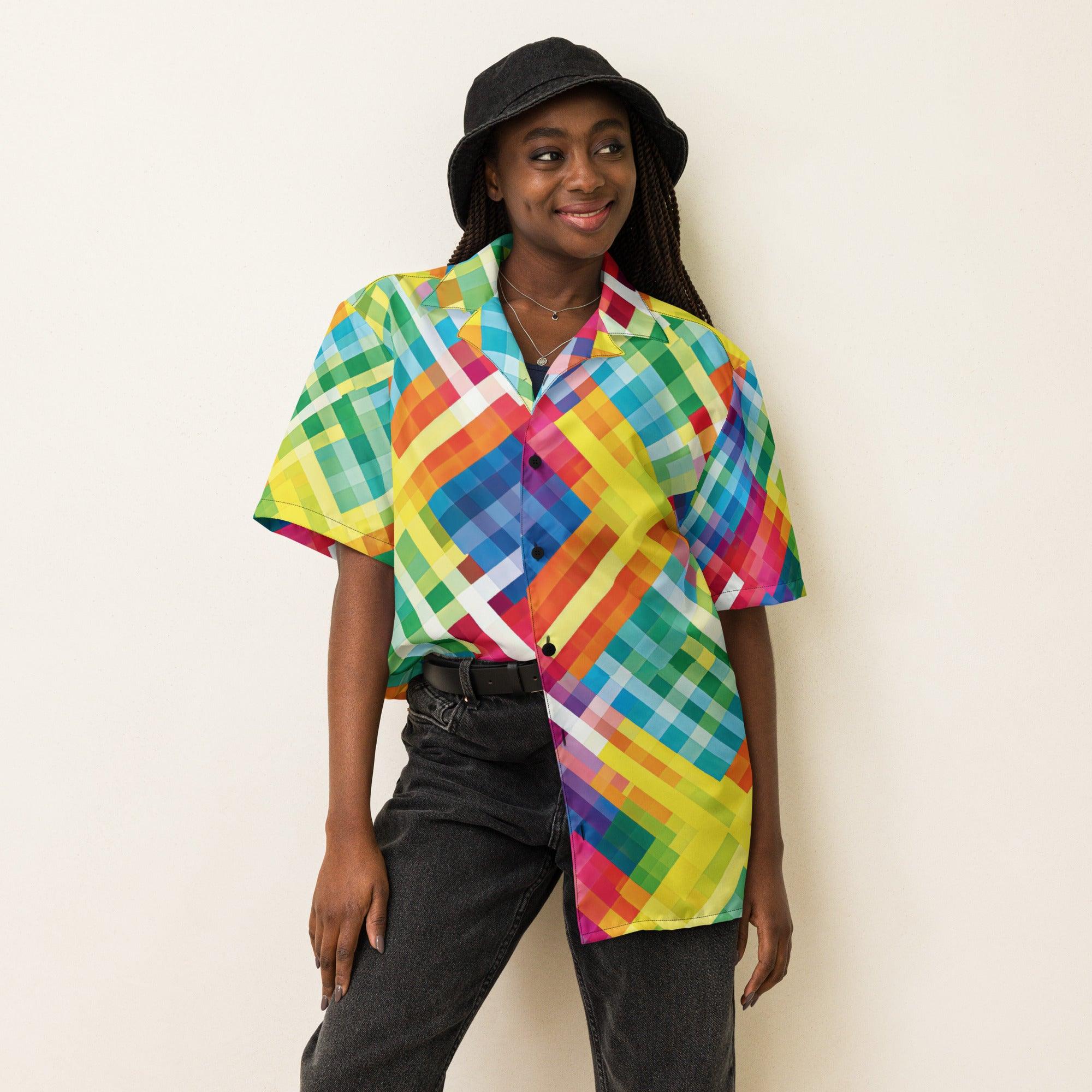 Vibrant Neon Plaid Button-Up Shirt for Festivals & Raves