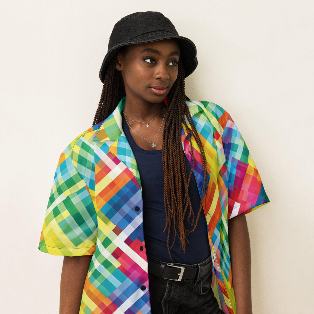 Vibrant Neon Plaid Button-Up Shirt for Festivals & Raves